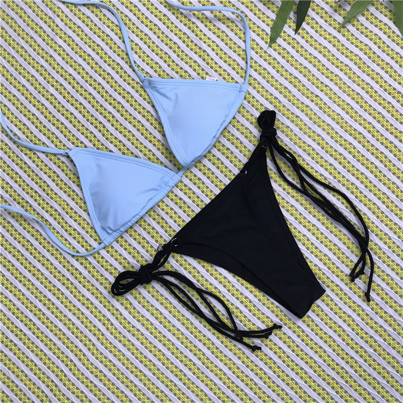 F4678-1Light Blue Bikini Top Black Tie Side Bikini Bottom